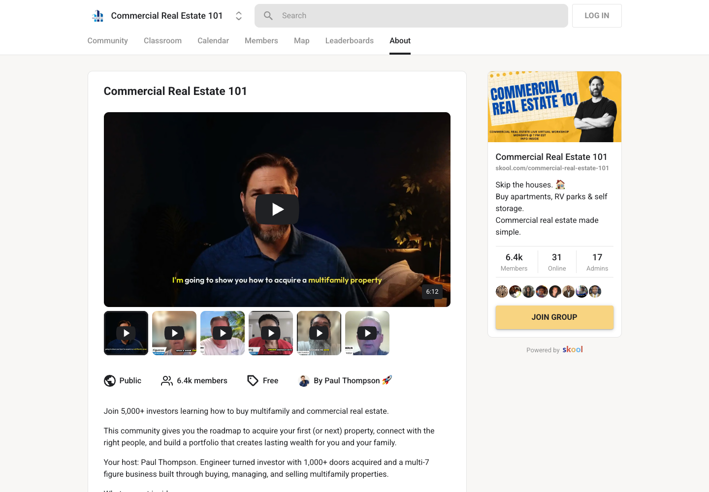 Screenshot of the public Commercial Real Estate 101 Skool community, including its classroom, calendar and membership overview