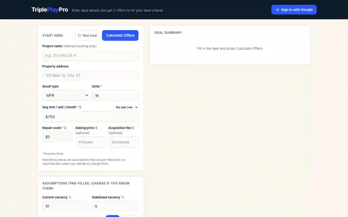 Actual Triple Play Pro offer calculator interface